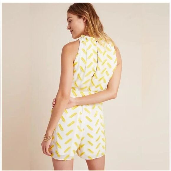 NWT ALI & JAY X ANTHROPOLOGIE yellow & white Corina Textured high neck Romper - Picture 2 of 13